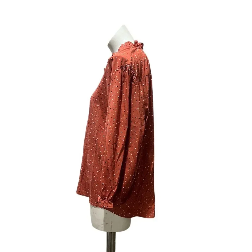 Ava Rose Women's Plus 2X Rust Polka Dot Ruffle Blouse Long Sleeve - Picture 4 of 8